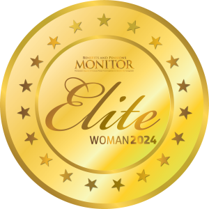 A decorative gold medal with the words Benefits and Pension Monitor is small letters and in much larger writing, Elite Women 2024.