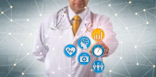 Unrecognizable doctor activating predictive analytics in network with medical icons to represent disability management.