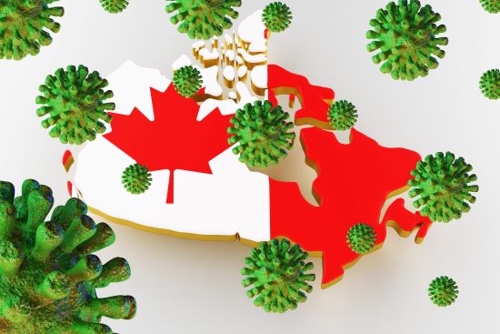Coronavirus contagions floating over the Canadian flag.