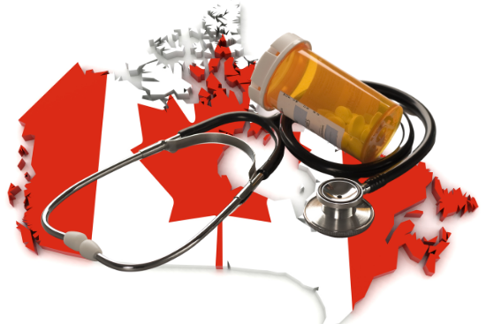 Une carte du Canada sur laquelle sont posés un stéthoscope et un flacon de pilules pour représenter l'assurance-médicaments nationale au Canada.