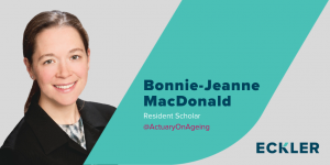 Image of Bonnie-Jeanne MacDonald, Eckler's Resident Scholar. The graphic includes the Eckler logo and Dr. MacDonald's twitter handle at Actuary on Aging