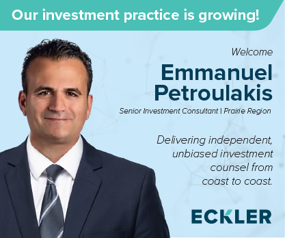 Graphic featuring a headshot of Emmanuel Petroulakis, Senior Investment Consultant, Prairie region. Text is "Our Investment Practice is Growing! Welcome Emmanual Petroulakis. Delivering independent unbiased investment counsel from coast to coast.""