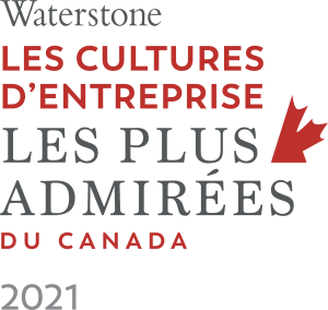 Le texte du logo de Waterstone se lit comme suit : Waterstone, Canada's Most Admired Corporate Cultures 2021