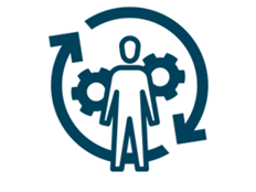 A navy blue icon with a silhouette of a person standing in front of a set of gears to represent broad-based, or total rewards, compensation strategies.