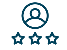 A navy blue icon with a silhouette of the head and shoulders of a person in a circle with three stars beneath to represent executive compensation strategies.