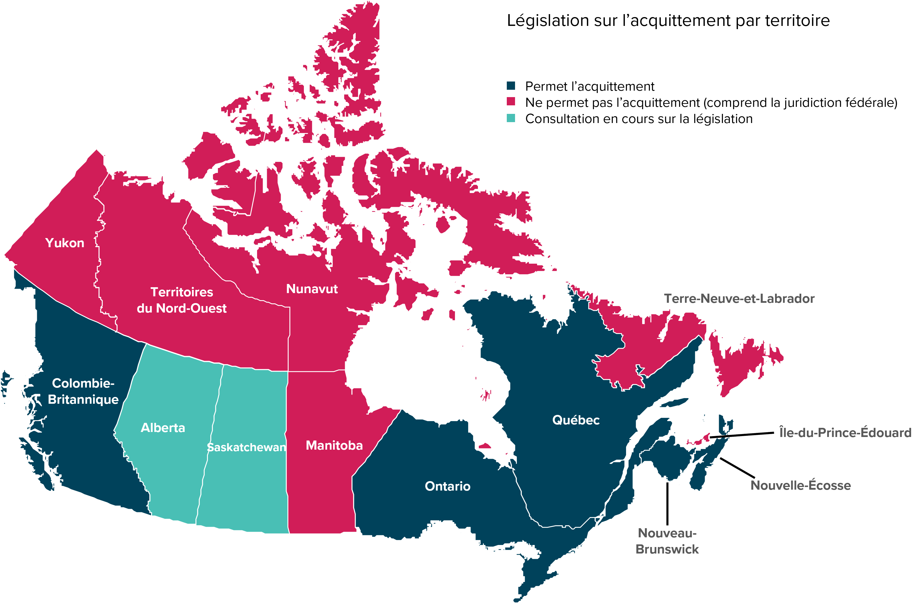 Carte du Canada montre la législation sur l’acquittement par territoire 