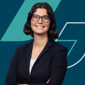 Headshot of Eckler Principal Geneviève Larouche on a branded background.