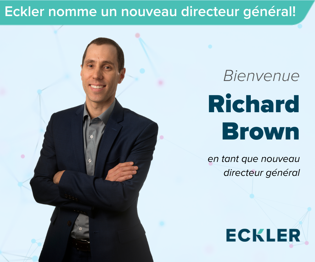 Graphique promotionnel pour annoncer le nouveau directeur général Richard Brown - le nouveau directeur général d'Eckler. Le graphique comprend une photo de Richard dans la partie supérieure de l'image, ainsi que les mots suivants : "Eckler nomme un nouveau directeur général ! Bienvenue à Richard Brown, notre nouveau directeur général".