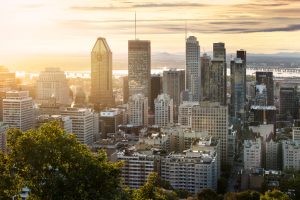 Montreal skyline early in the morning from Mont Royal park, Canada