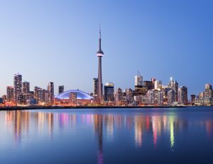 Toronto city skyline at twilight, Canada.