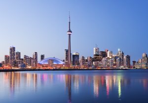 Toronto city skyline at twilight, Canada.