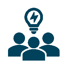 Icon of three figures with a shared lightbulb overhead.