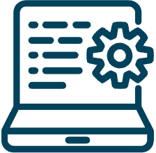 Icon depicting a laptop with code and a settings gear.