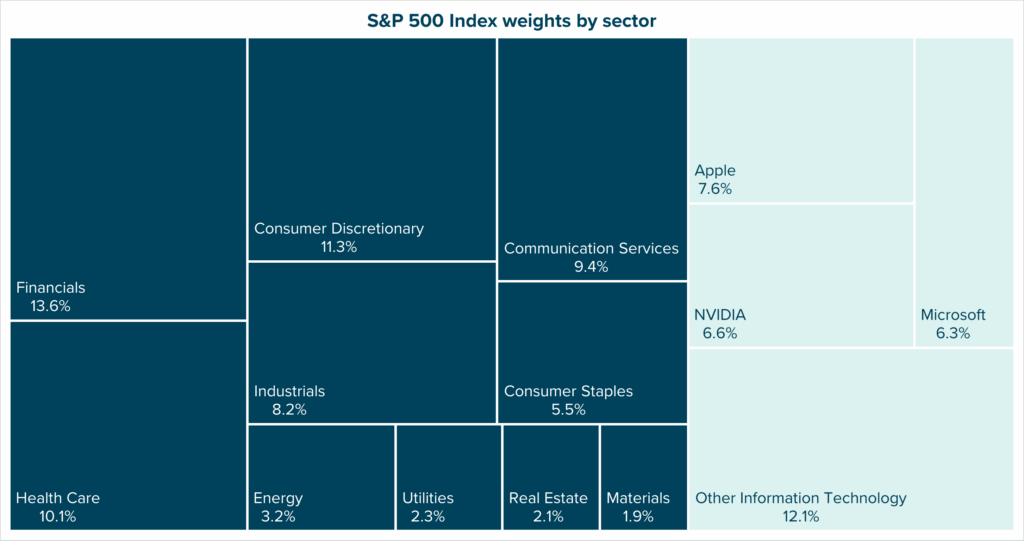 This treemap visually represents the S&P 500 Index weights across various sectors, highlighting Information Technology as the largest. Within IT, specific weights for Apple, Microsoft, and NVIDIA are shown. Other sectors, like Financials and Health Care, are also displayed with their respective percentages.