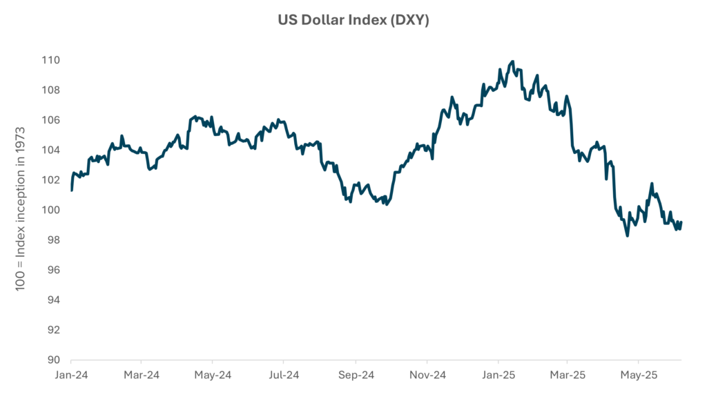 Line chart showing the US Dollar Index (DXY) performance from January 2024 to June 2025. The vertical axis ranges from 90 to 110, with 100 representing the index inception value in 1973. The index starts near 102 in January 2024, rises steadily to peak above 109 around January 2025, and then declines sharply through mid-2025, ending just below 99 in June 2025. The title of the chart is "US Dollar Index (DXY)".