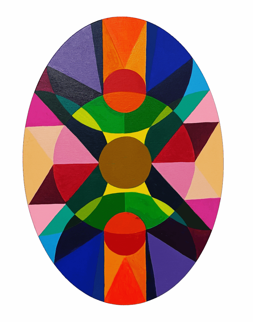 Indigenous-inspired abstract painting by Torrie Ironstar, oval composition with vivid geometric forms in red, orange, green, blue, and pink, reflecting traditional motifs in a modern style.