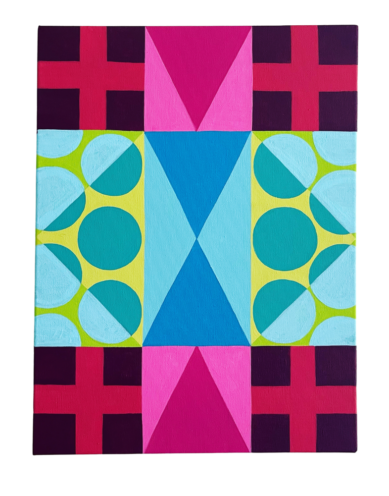 Indigenous-inspired geometric artwork by Torrie Ironstar, featuring vibrant symmetrical patterns in pink, blue, green, and burgundy, reflecting traditional motifs in a modern abstract style.
