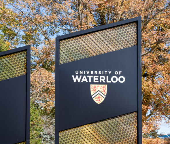 University of Waterloo (UW) pylon sign is seen at the main campus entrance in Waterloo, On, Canada University of Waterloo signage