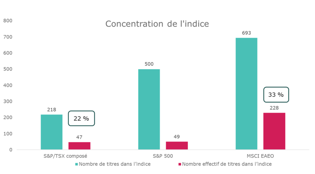 Graphique à barres montrant la concentration des titres dans trois indices boursiers. Dans l’indice S&P/TSX composé, 47 titres représentent 22 % des 218 titres de l’indice. Dans le S&P 500, 49 titres représentent une part importante des 500 titres. Dans l’indice MSCI EAFE, 228 titres représentent 33 % des 693 titres de l’indice.
